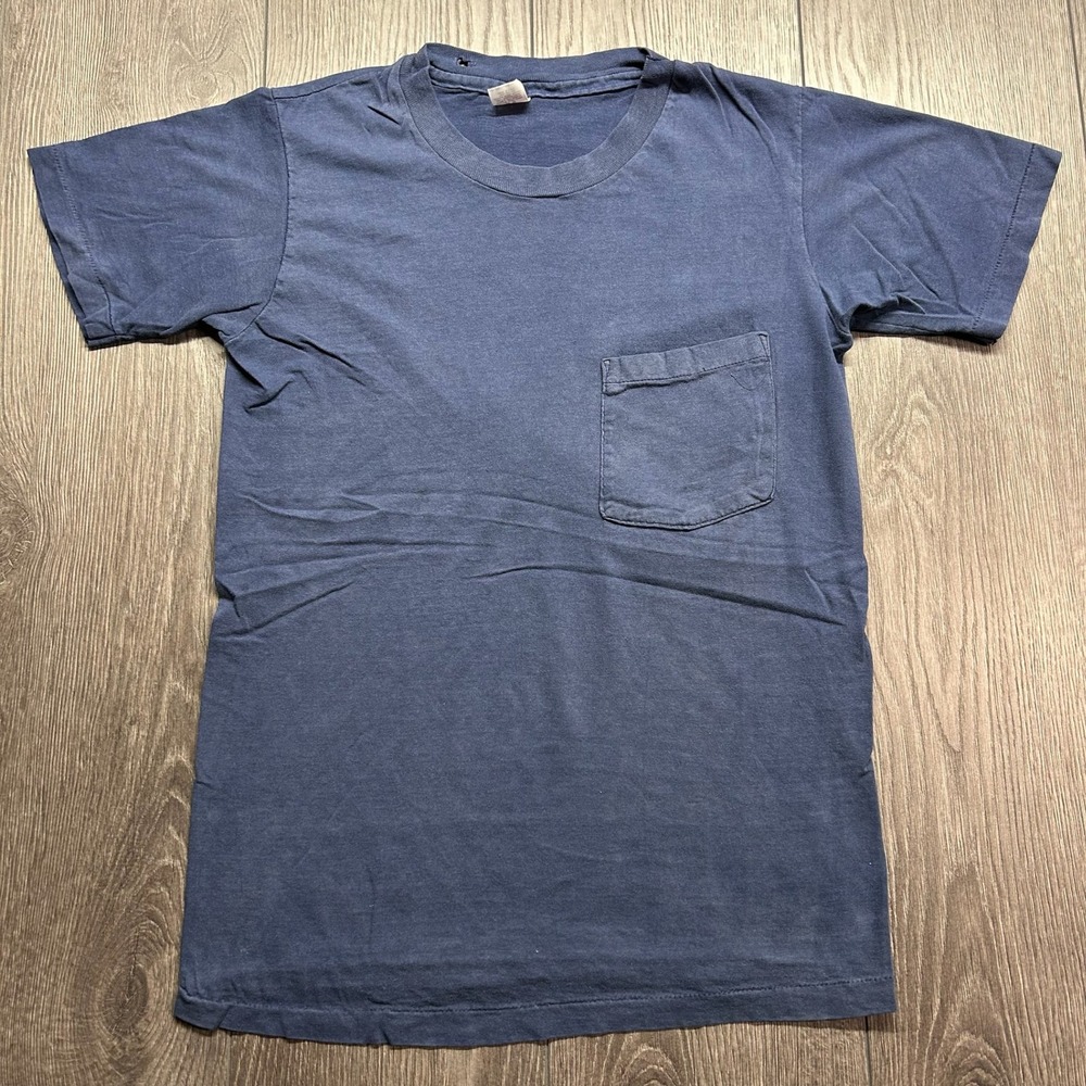 Vintage 80s Hanes Blank Pocket T-Shirt Small Navy Blue Single Stitch Made in USA